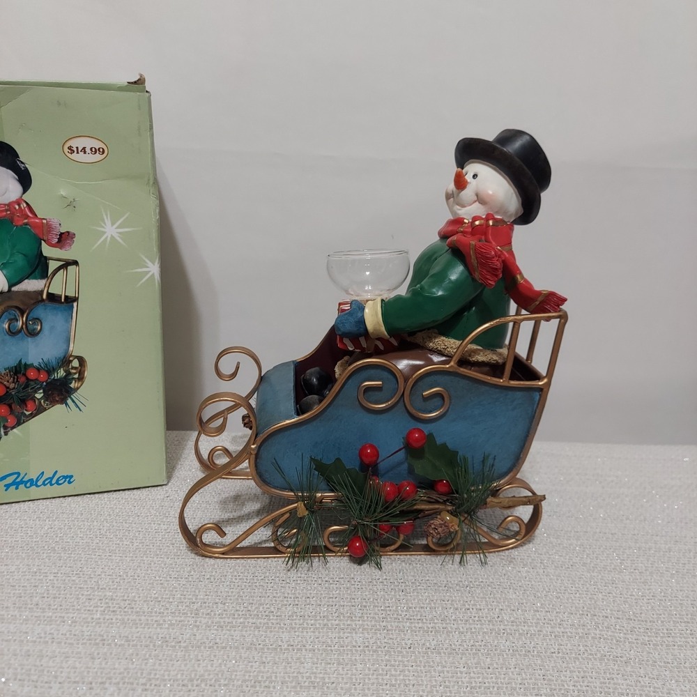 Holiday Nostalgia‎ Snowman Sleigh Tea Light Cracker Barrel 8" x 10"